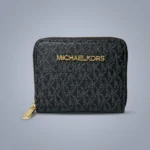 women's black signature logo print small zip around wallet with gold tone hardware and logo lettering (2)