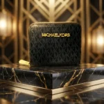 women's black signature logo print small zip around wallet with gold tone hardware and logo lettering (4)
