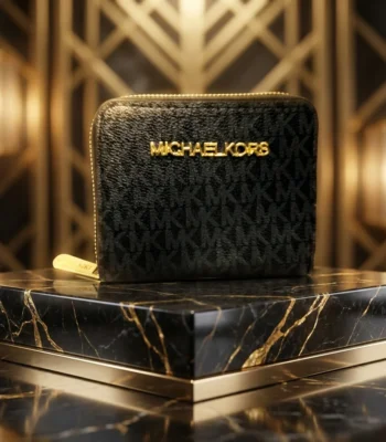 women's black signature logo print small zip around wallet with gold tone hardware and logo lettering (4)