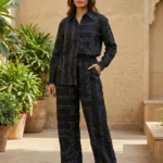 Black geometric printed shirt and trouser co ord set for women (1)