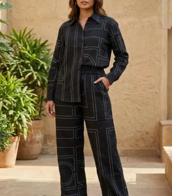 Black geometric printed shirt and trouser co ord set for women (1)