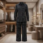 Black geometric printed shirt and trouser co ord set for women (2)