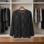 Black premium sheer shrug jacket with intricate silver bead embroidery for women (1)
