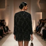 Black premium sheer shrug jacket with intricate silver bead embroidery for women (2)