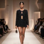 Black premium sheer shrug jacket with intricate silver bead embroidery for women (3)