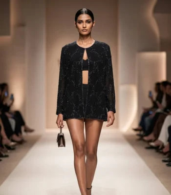 Black premium sheer shrug jacket with intricate silver bead embroidery for women (3)