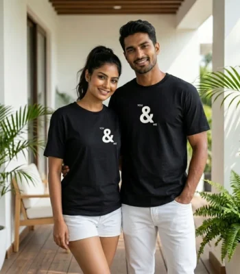 Black unisex round neck t shirt with You and Me print for couples (4)