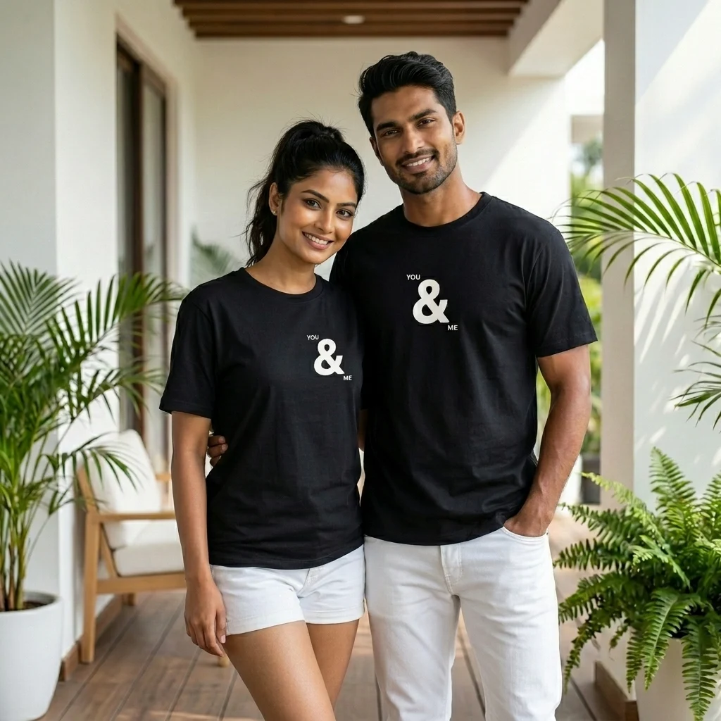 Black unisex round neck t shirt with You and Me print for couples (4) Black unisex round neck t shirt with You and Me print for couples (4)