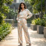 Indian woman wearing a pastel floral printed co ord set with tucked in full sleeve shirt and wide leg trouser (3)