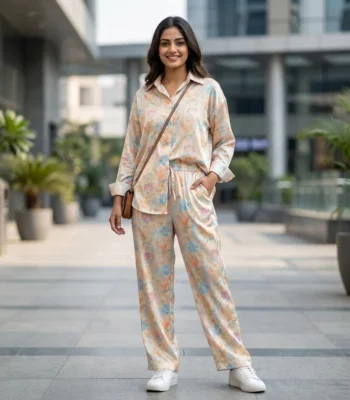 Indian woman wearing a pastel floral printed co ord set with tucked in full sleeve shirt and wide leg trouser (5)
