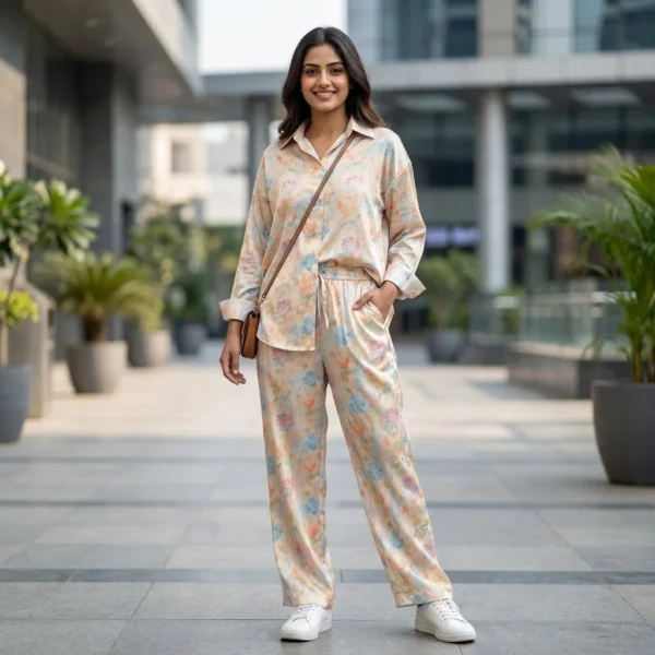 Indian woman wearing a pastel floral printed co ord set with tucked in full sleeve shirt and wide leg trouser (5)