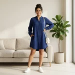 Indigo blue linen textured long shirt dress for women (1)