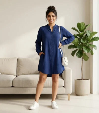 Indigo blue linen textured long shirt dress for women (1)