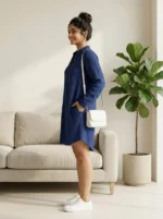 Indigo blue linen textured long shirt dress for women (2)