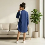 Indigo blue linen textured long shirt dress for women (3)
