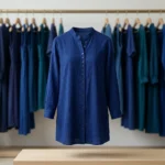 Indigo blue linen textured long shirt dress for women (5)