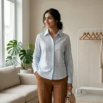 Light blue floral embroidered long sleeve women's shirt front view (1)