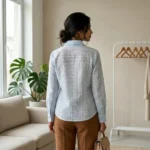 Light blue floral embroidered long sleeve women's shirt front view (3)
