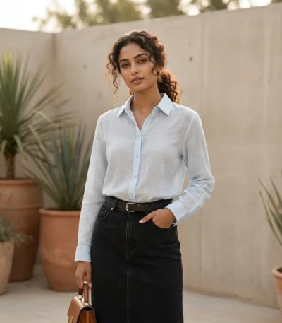 Light blue textured cotton shirt for women (2)