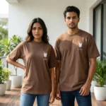 Man and woman wearing a relaxed fit unisex brown t shirt with a small white ice coffee chest print (1)
