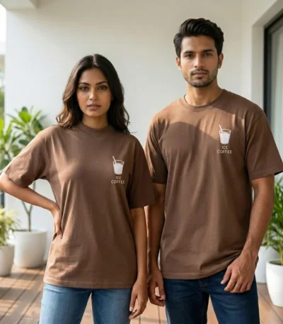 Man and woman wearing a relaxed fit unisex brown t shirt with a small white ice coffee chest print (1)