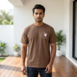 Man and woman wearing a relaxed fit unisex brown t shirt with a small white ice coffee chest print (2)