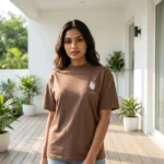 Man and woman wearing a relaxed fit unisex brown t shirt with a small white ice coffee chest print (4)