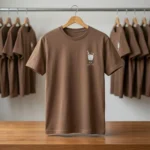 Man and woman wearing a relaxed fit unisex brown t shirt with a small white ice coffee chest print (5)