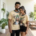 Man and woman wearing a unisex beige graphic t shirt with a vintage portrait print (1)
