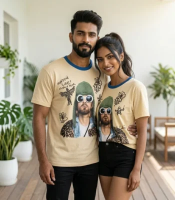 Man and woman wearing a unisex beige graphic t shirt with a vintage portrait print (1)
