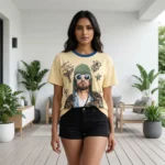 Man and woman wearing a unisex beige graphic t shirt with a vintage portrait print (2)