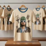 Man and woman wearing a unisex beige graphic t shirt with a vintage portrait print (2)