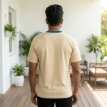Man and woman wearing a unisex beige graphic t shirt with a vintage portrait print (3)