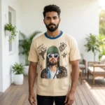 Man and woman wearing a unisex beige graphic t shirt with a vintage portrait print (5)