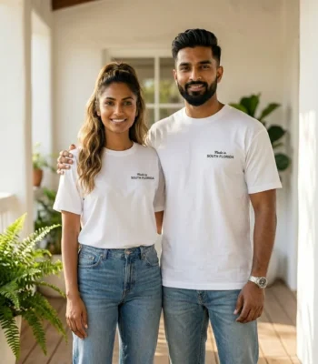 Man and woman wearing a white regular fit unisex t shirt (3)