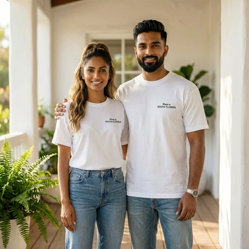 Man and woman wearing a white regular fit unisex t shirt (3) Man and woman wearing a white regular fit unisex t shirt (3)