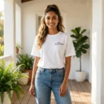 Man and woman wearing a white regular fit unisex t shirt (6)