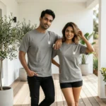 Man and woman wearing casual unisex grey t shirts (1)