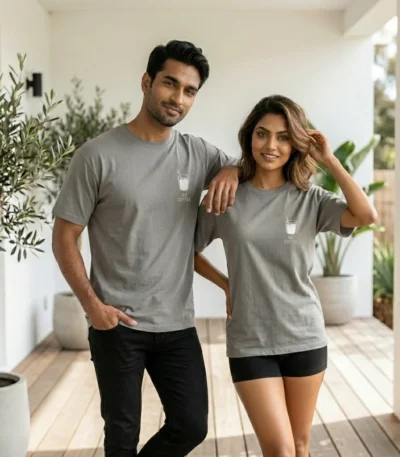 Man and woman wearing casual unisex grey t shirts (1)