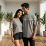 Man and woman wearing matching oversized grey unisex t shirts (6)
