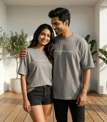 Man and woman wearing matching oversized grey unisex t shirts (6)