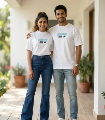 Man and woman wearing matching white Scooter Mode On graphic t shirts (1)