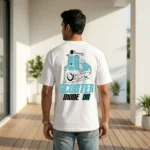 Man and woman wearing matching white Scooter Mode On graphic t shirts (6)