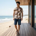 Men's beige abstract print half sleeve casual shirt for summer (2)