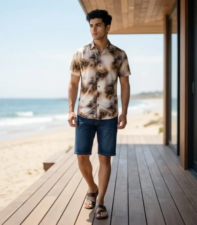Men's beige abstract print half sleeve casual shirt for summer (2)