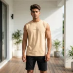 Men's beige sleeveless t shirt with coffee graphic print (1)