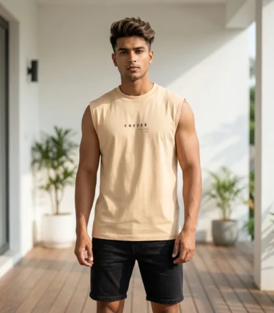 Men's beige sleeveless t shirt with coffee graphic print (1)