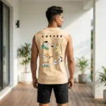 Men's beige sleeveless t shirt with coffee graphic print (3)
