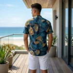Men's blue and gold abstract print half sleeve casual shirt (1)