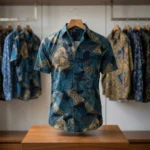 Men's blue and gold abstract print half sleeve casual shirt (2)